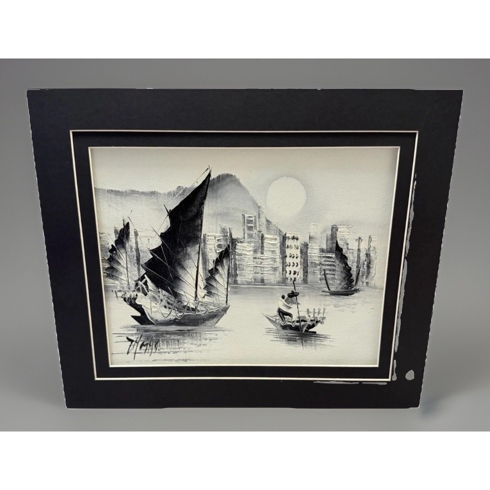 Orig Thomas Mak Kon Yin Painting Black White Asian Chinese Junk Boat Skyline Art